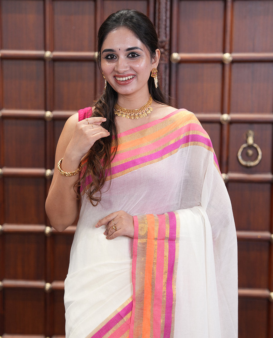 Cream Plain Khadi Mul Cotton Saree, Complemented by Contrast Zari Border, a Self-Pallu, and No Blouse