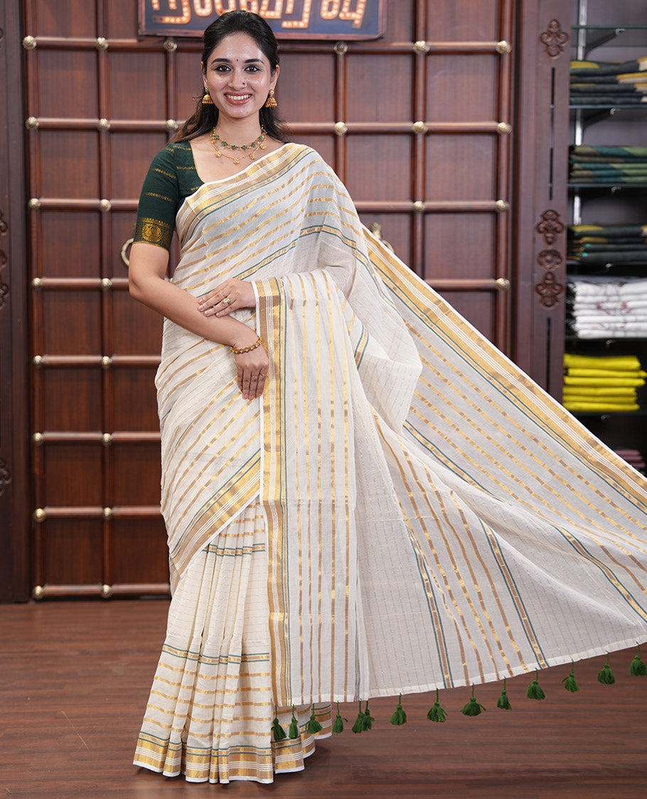 Cream Khadi Mul Cotton Saree, Woven with Horizontal Stripes On Its Body, Subtle Zari Border, Stripes Pallu, and Paired with a Matching Blouse