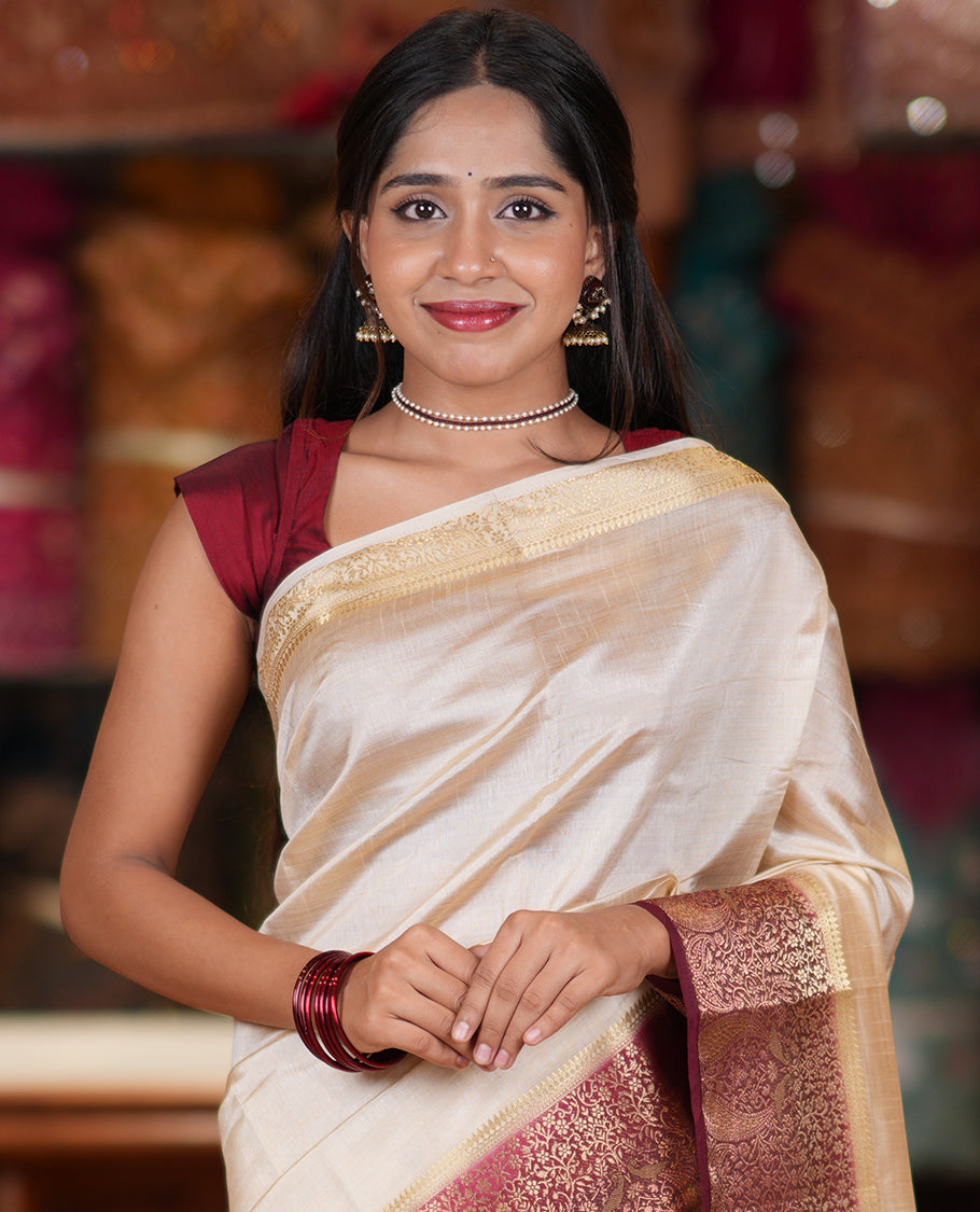 Cream-Maroon Plain Art Tussar Saree