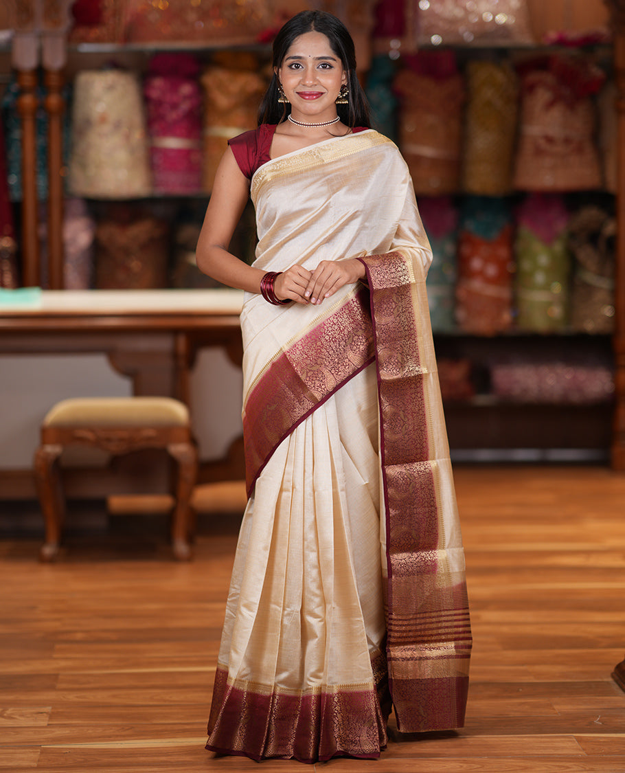 Cream-Maroon Plain Art Tussar Saree