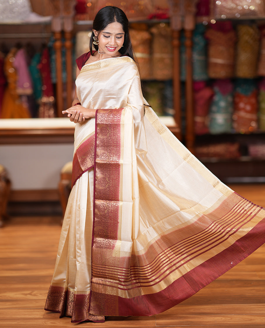 Cream-Maroon Plain Art Tussar Saree