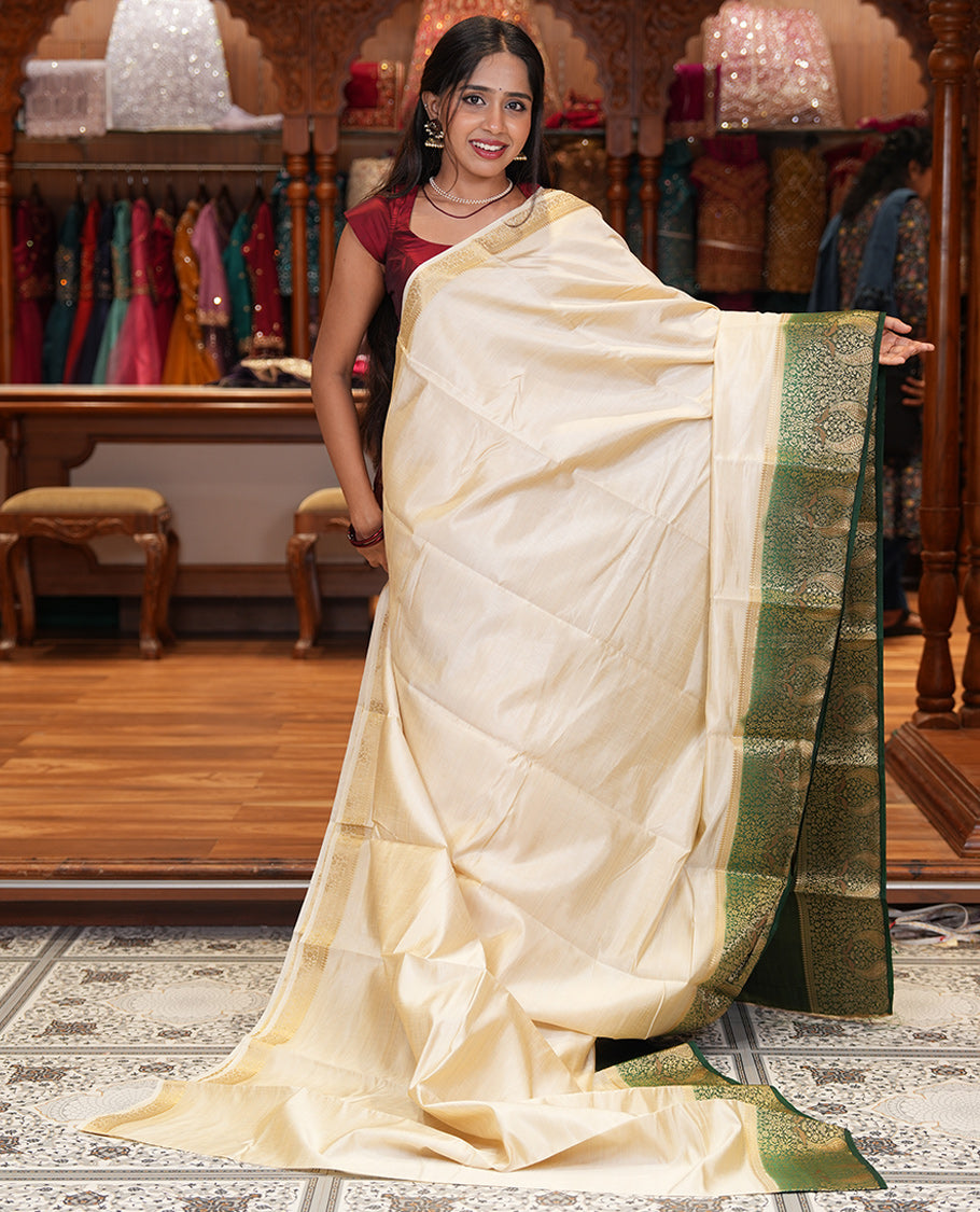 Cream-Green Plain Art Tussar Saree