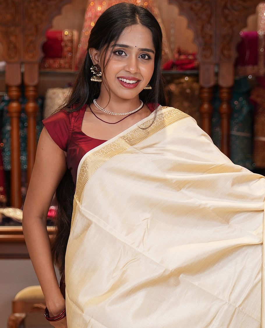 Cream-Green Plain Art Tussar Saree