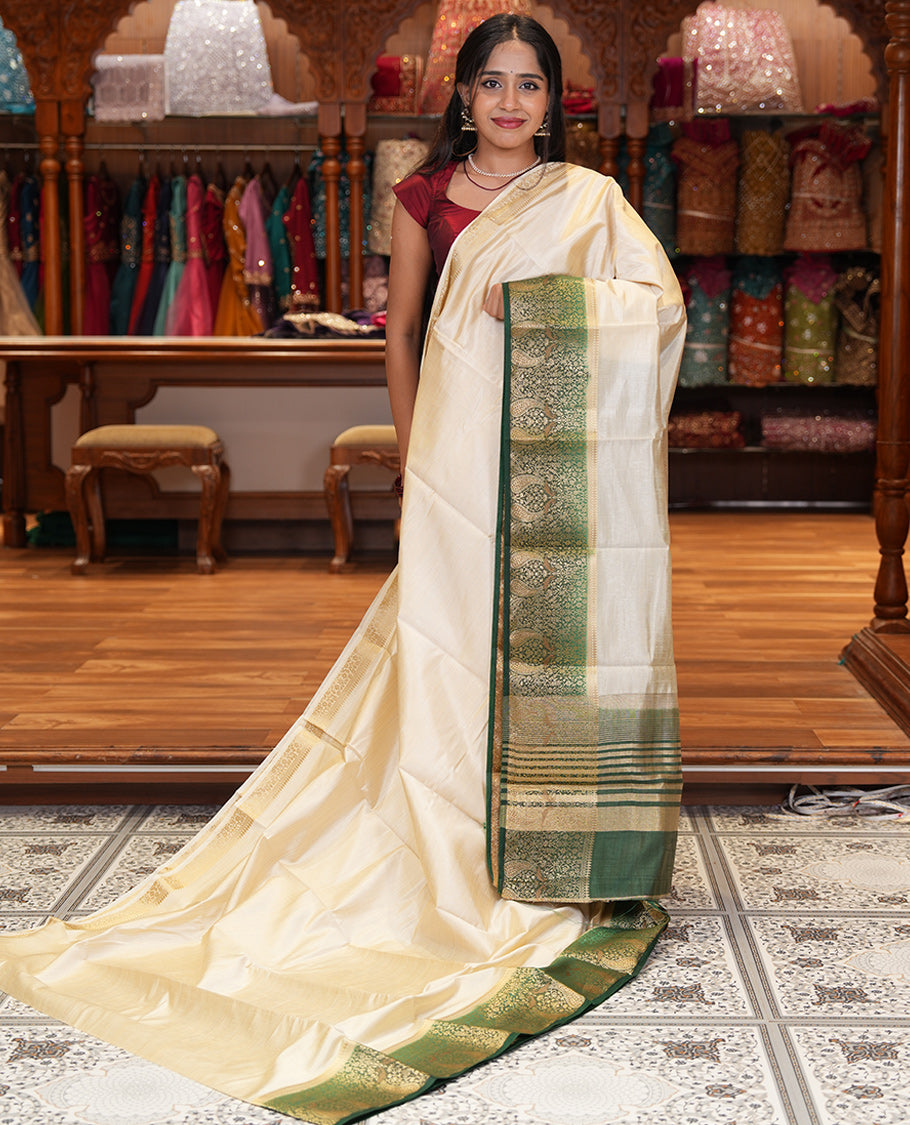 Cream-Green Plain Art Tussar Saree