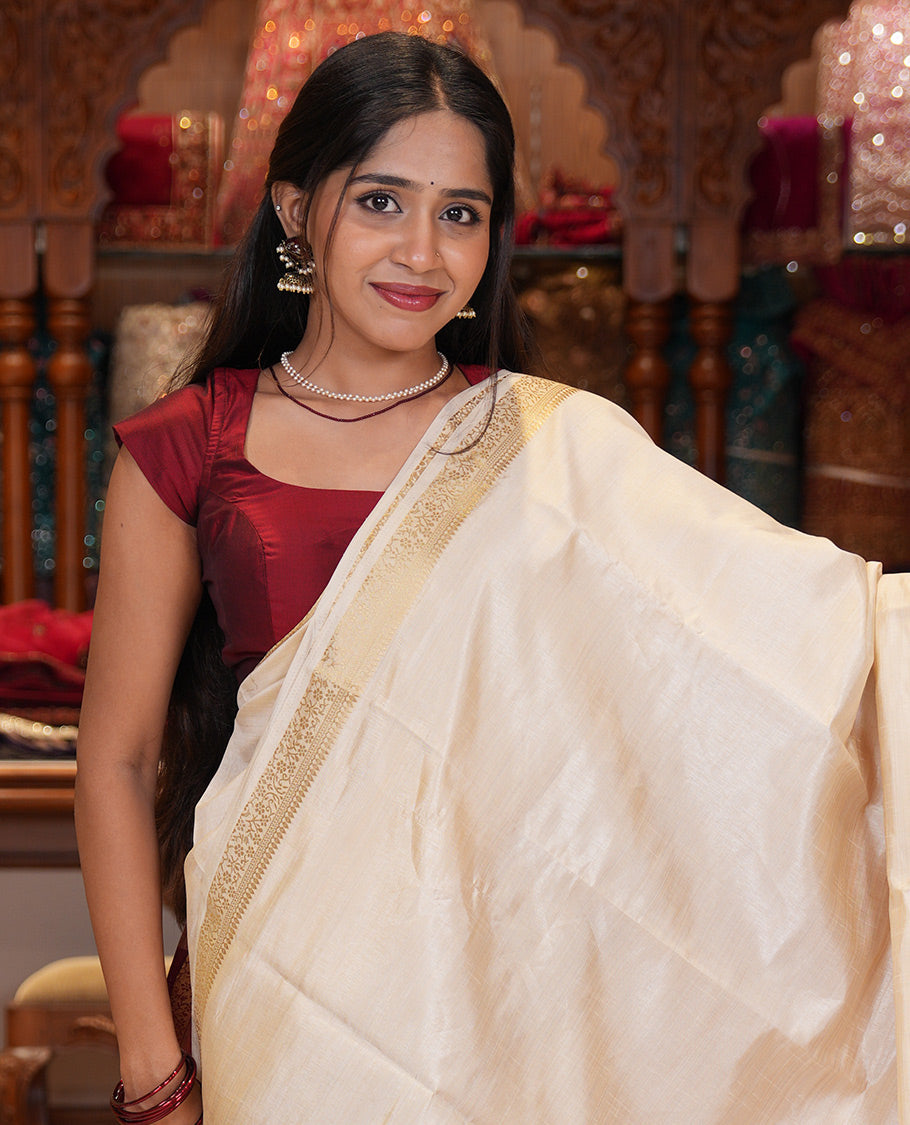 Cream-Rani Pink Plain Art Tussar Saree
