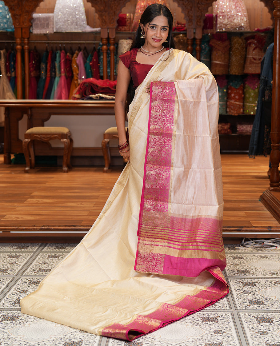 Cream-Rani Pink Plain Art Tussar Saree
