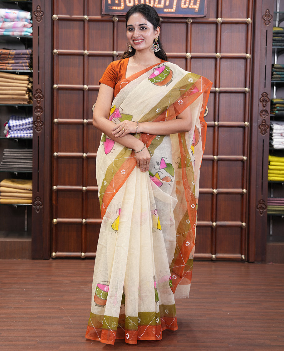 Chikku Kota Doria Saree with Artful Warli Print, a Contrast Border, Village Printed Pallu, and a Matching Blouse
