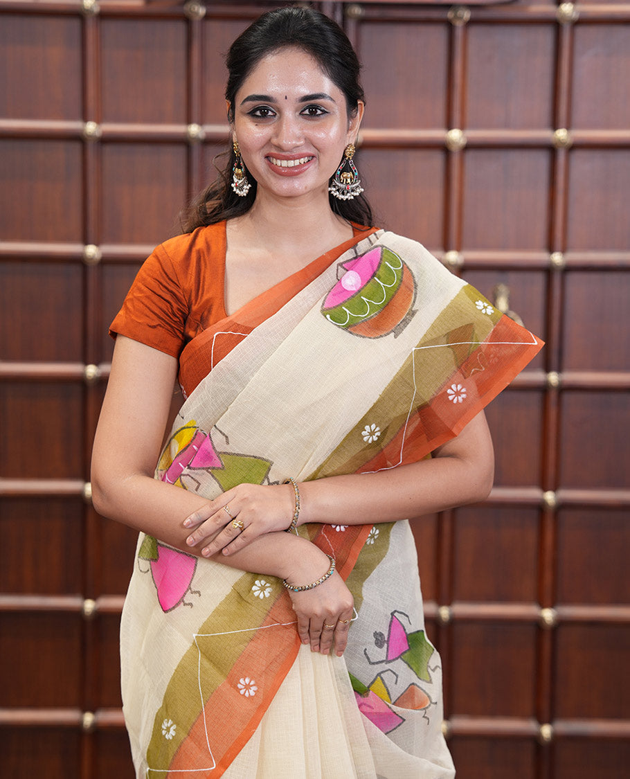Chikku Kota Doria Saree with Artful Warli Print, a Contrast Border, Village Printed Pallu, and a Matching Blouse
