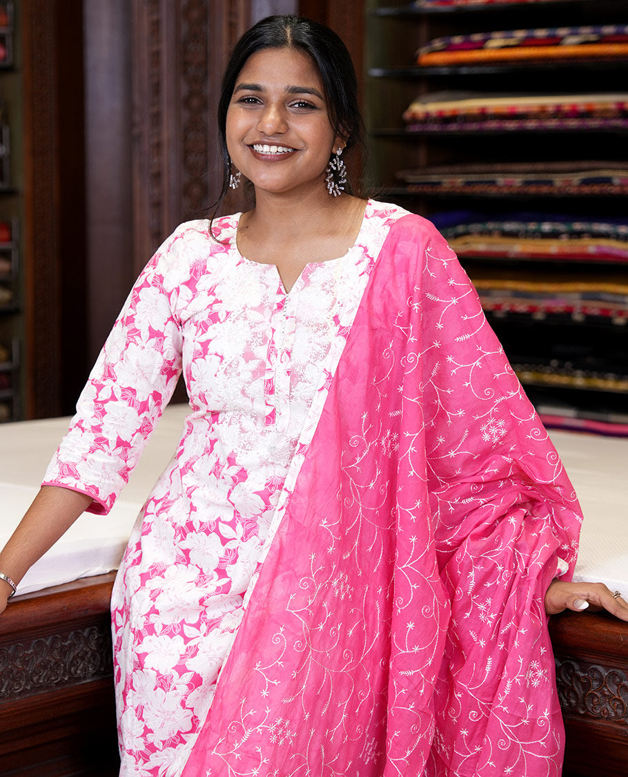Pink cotton chudidar material set,floral print with daman floral neck embroidery top,plain bottom & floral jaal embroidery dupatta