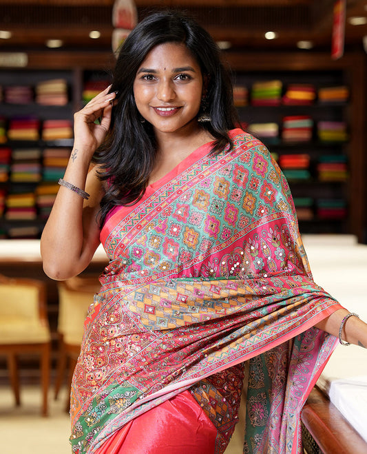 Fanta orange half-&-half colorful geometric printed & mirror work masakali saree, printed border & pallu, plain blouse