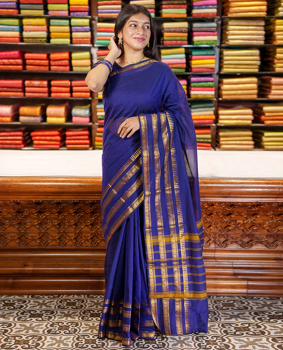 Blue Plain Chettinad Cotton Saree, Highlighted By Traditional Zari Designs Woven Border, Subtly Striped Pallu, and Paired with a Matching Blouse