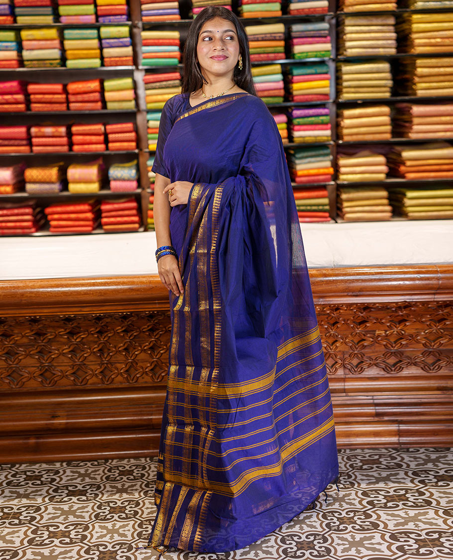 Blue Plain Chettinad Cotton Saree, Highlighted By Traditional Zari Designs Woven Border, Subtly Striped Pallu, and Paired with a Matching Blouse