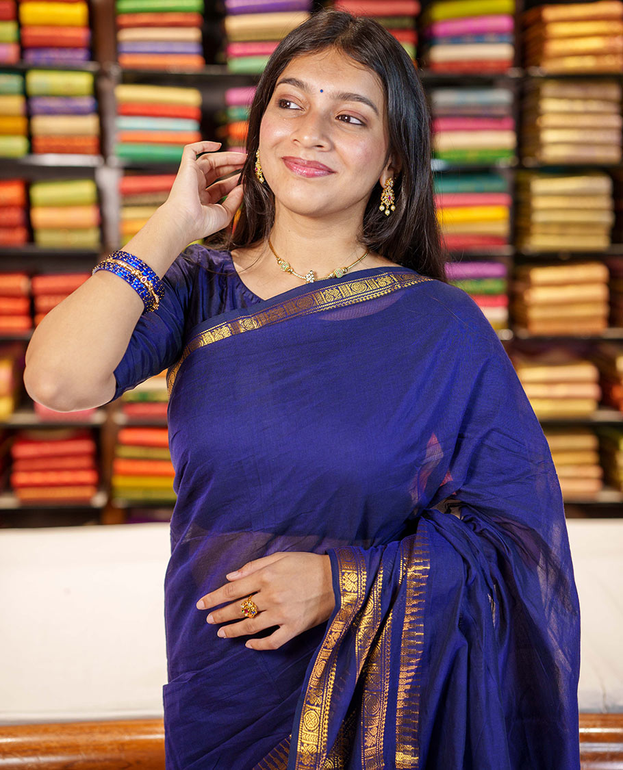 Blue Plain Chettinad Cotton Saree, Highlighted By Traditional Zari Designs Woven Border, Subtly Striped Pallu, and Paired with a Matching Blouse