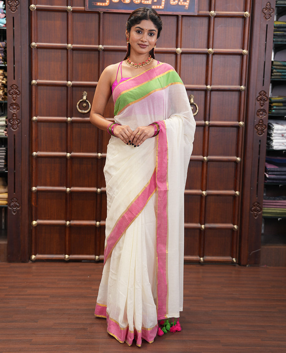 Cream Plain Khadi Mul Cotton Saree, Complemented by Contrast Pink and Green Border, a Self-Pallu, and Has No Blouse