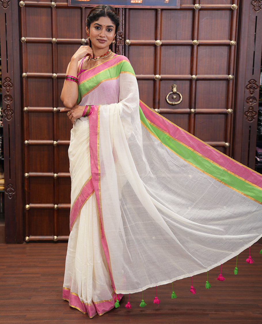 Cream Plain Khadi Mul Cotton Saree, Complemented by Contrast Pink and Green Border, a Self-Pallu, and Has No Blouse