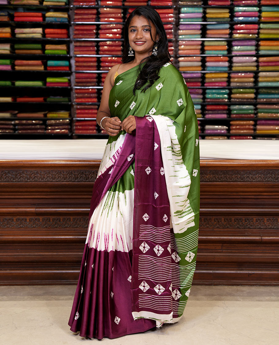 Borderless green, purple & white tri-color dyed & bandhani buttas printed modal satin saree, contrast Shibori-dying pattern blouse