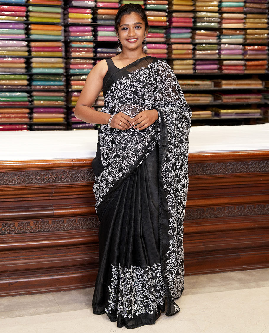 Black chikankari-style floral thread embroidery kota checks saree with lace border & plain black lace border blouse