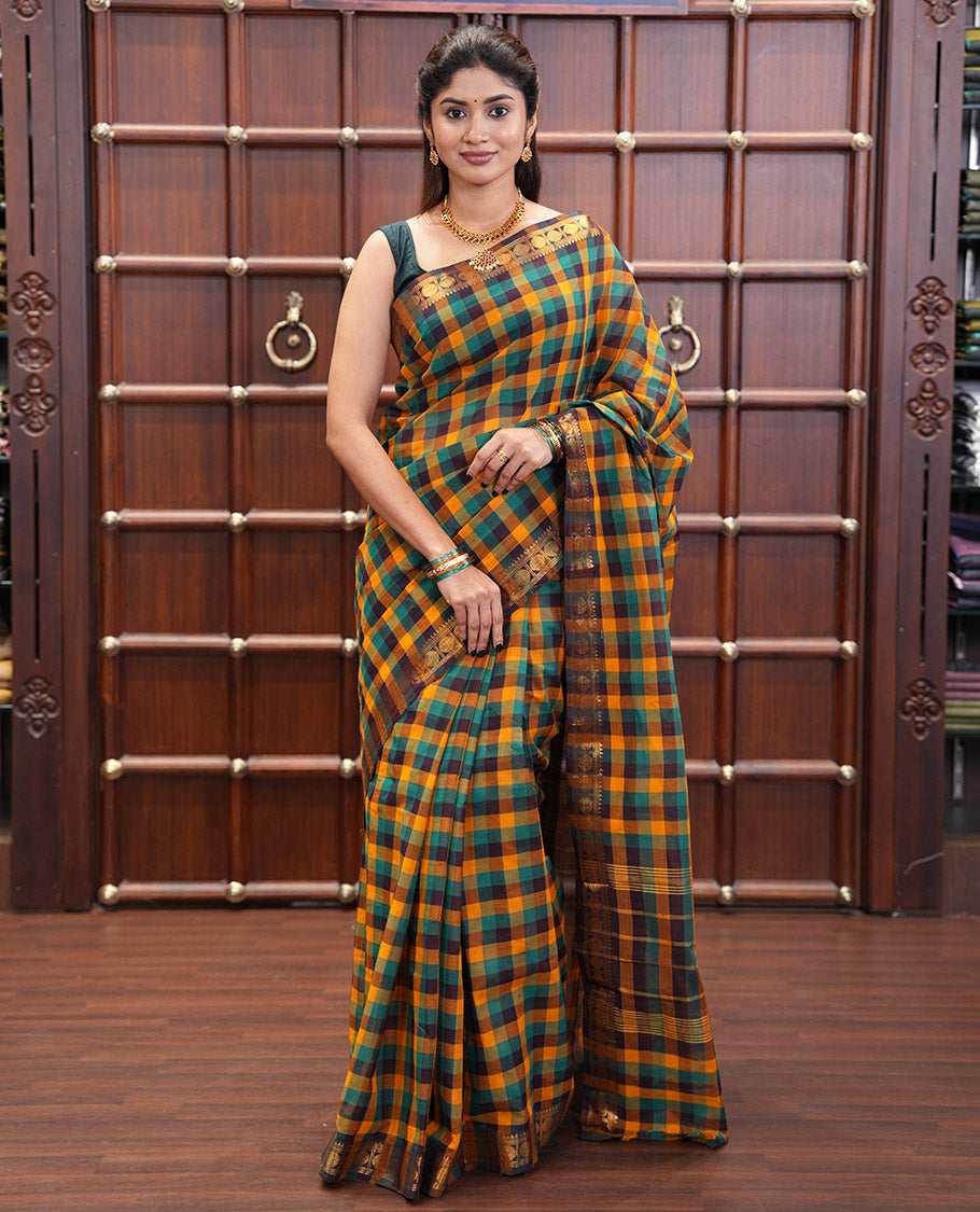 Yellow-Green Chettinad Cotton Saree, Elevated with Madras Checks, a Zari Rudraksham Border, and No Blouse