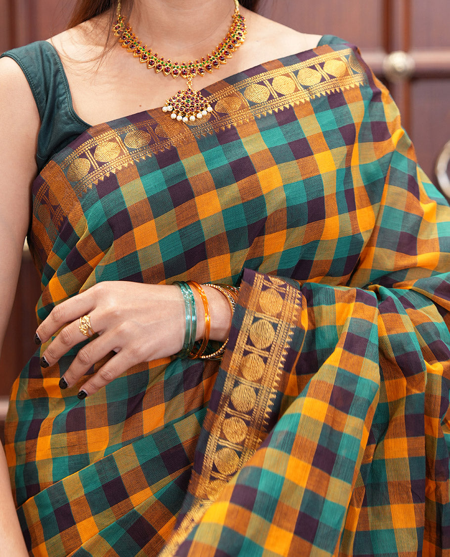 Yellow-Green Chettinad Cotton Saree, Elevated with Madras Checks, a Zari Rudraksham Border, and No Blouse
