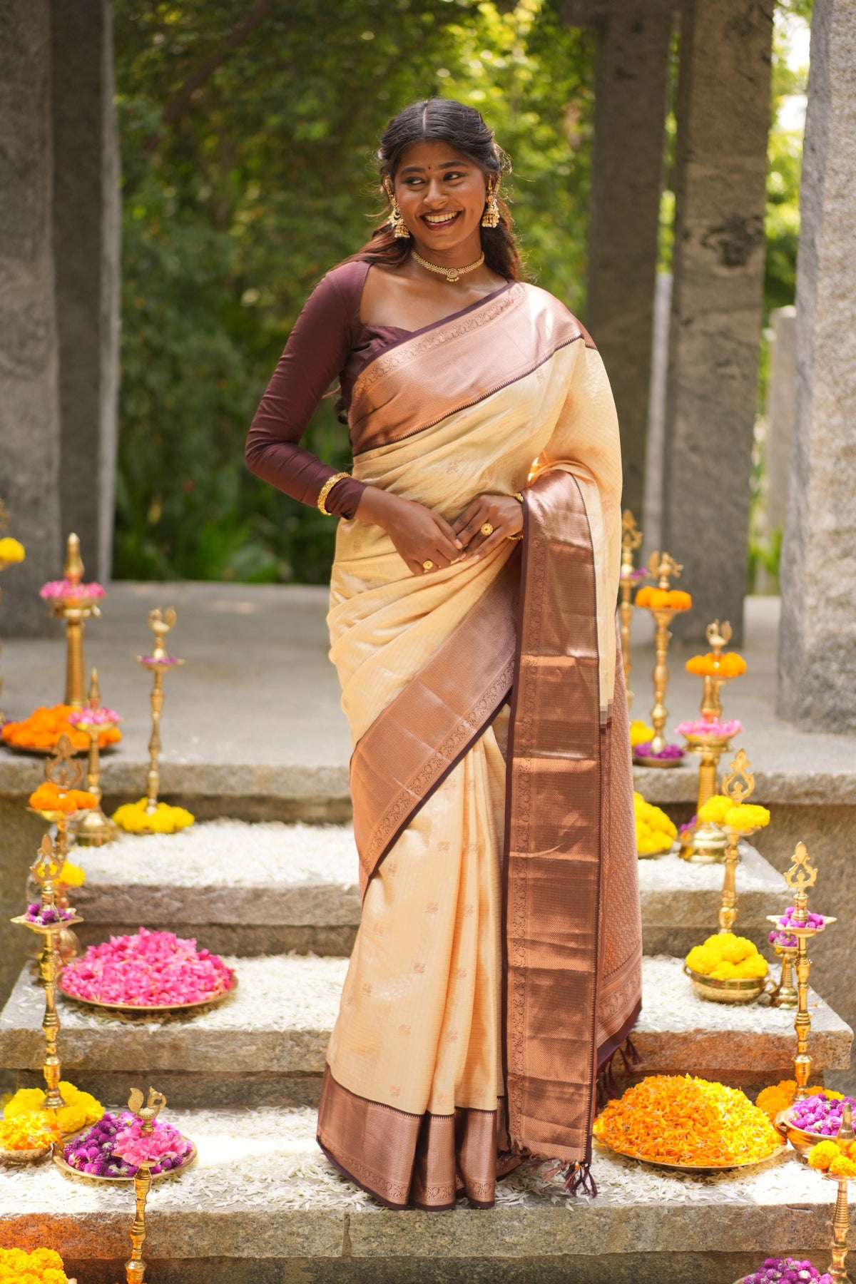 Off-White and Brown Vasundhara Silk Saree