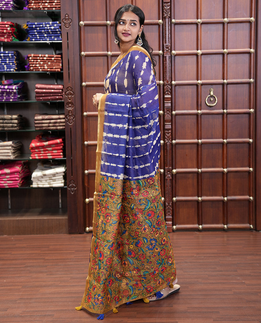 Navy Blue Mercerised Cotton Saree, Embellished with Shibori Printed on Its Body, Complemented by a Contrast Border, Pallu Steeped with Colorful Floral Print, and Paired with a Contrast Printed Blouse