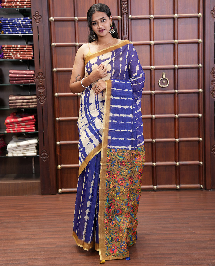 Navy Blue Mercerised Cotton Saree, Embellished with Shibori Printed on Its Body, Complemented by a Contrast Border, Pallu Steeped with Colorful Floral Print, and Paired with a Contrast Printed Blouse