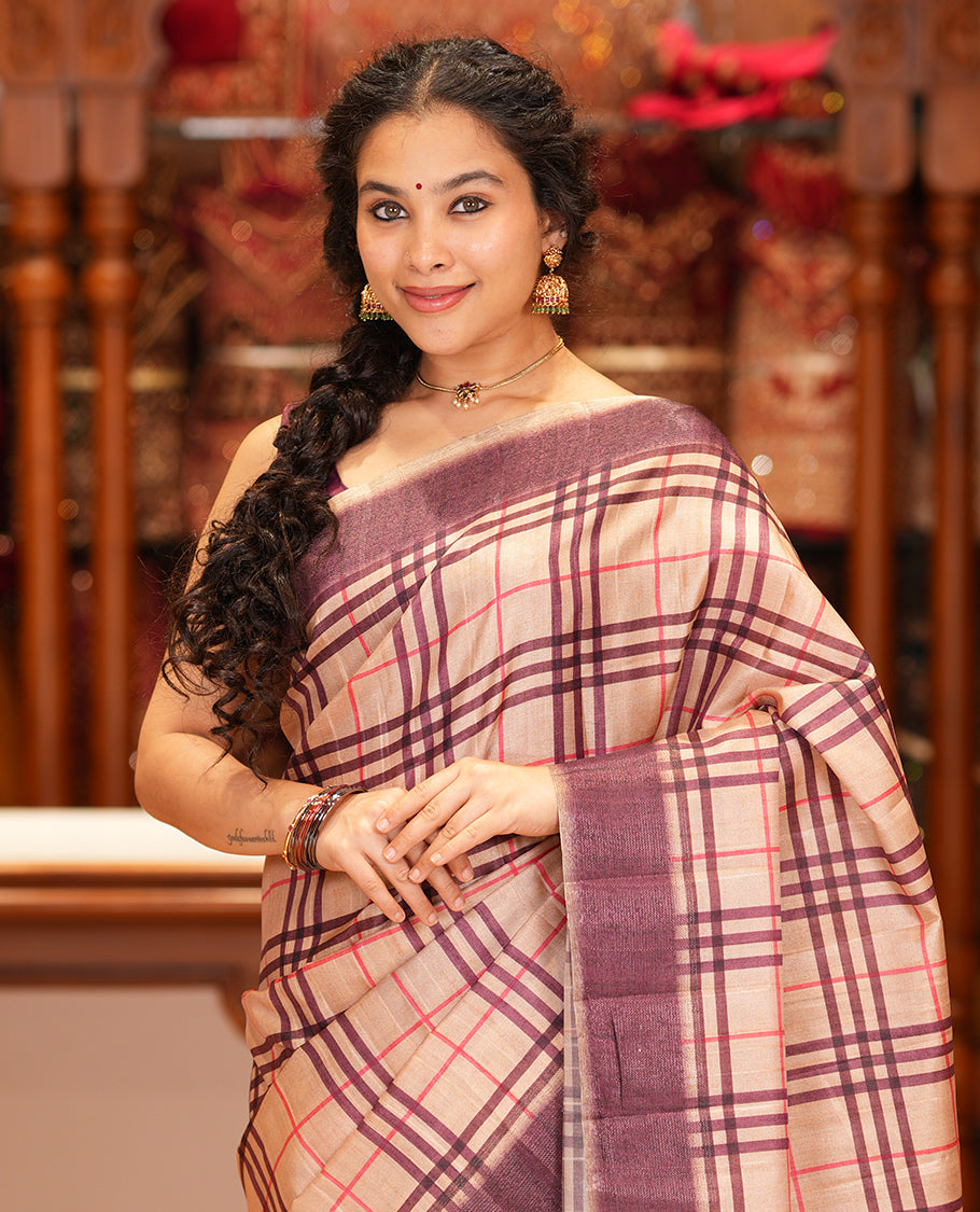 Sandal Fancy Tussar Silk Saree