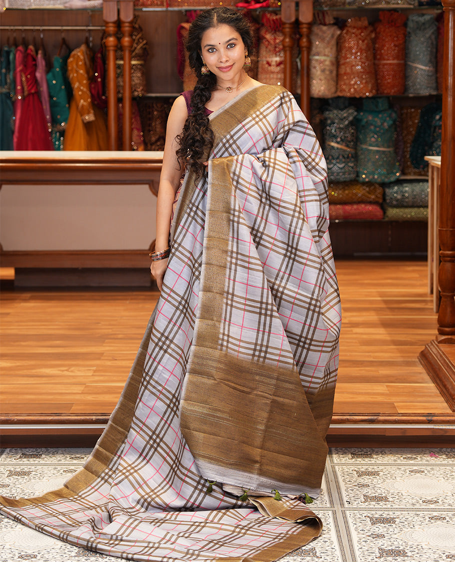 Grey Fancy Tussar Silk Saree