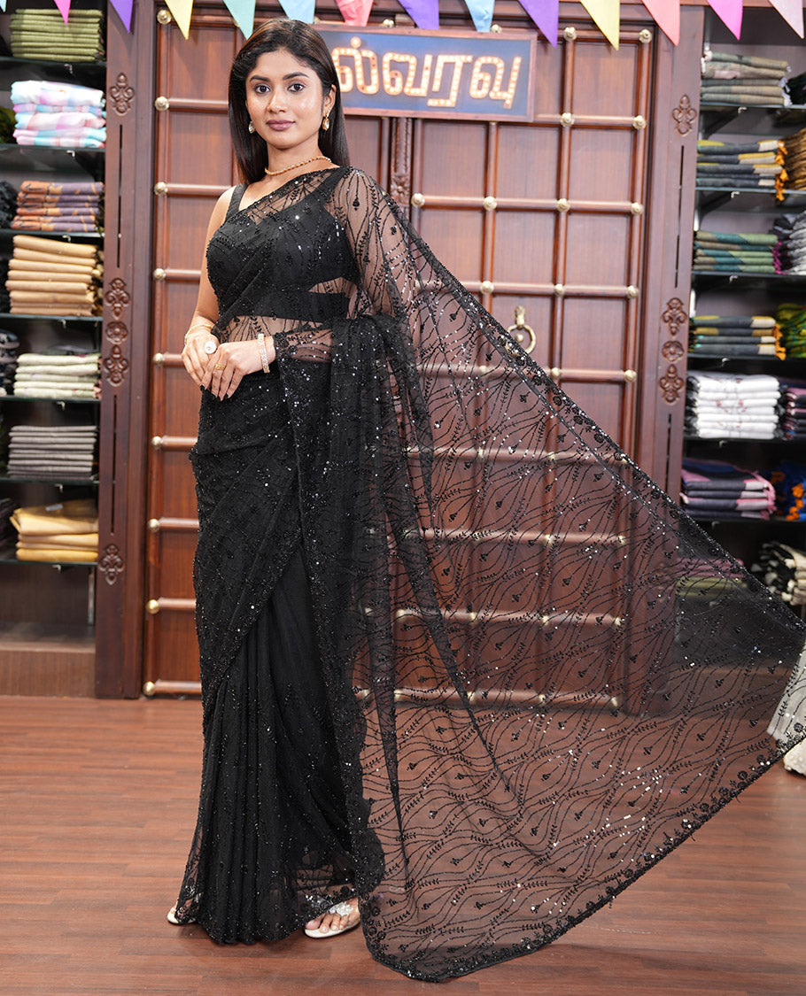 Black Net Saree, Spotlighted with Ogee Sequins Embroidery, a Scalloped Border, and Contrast Embroidered Blouse