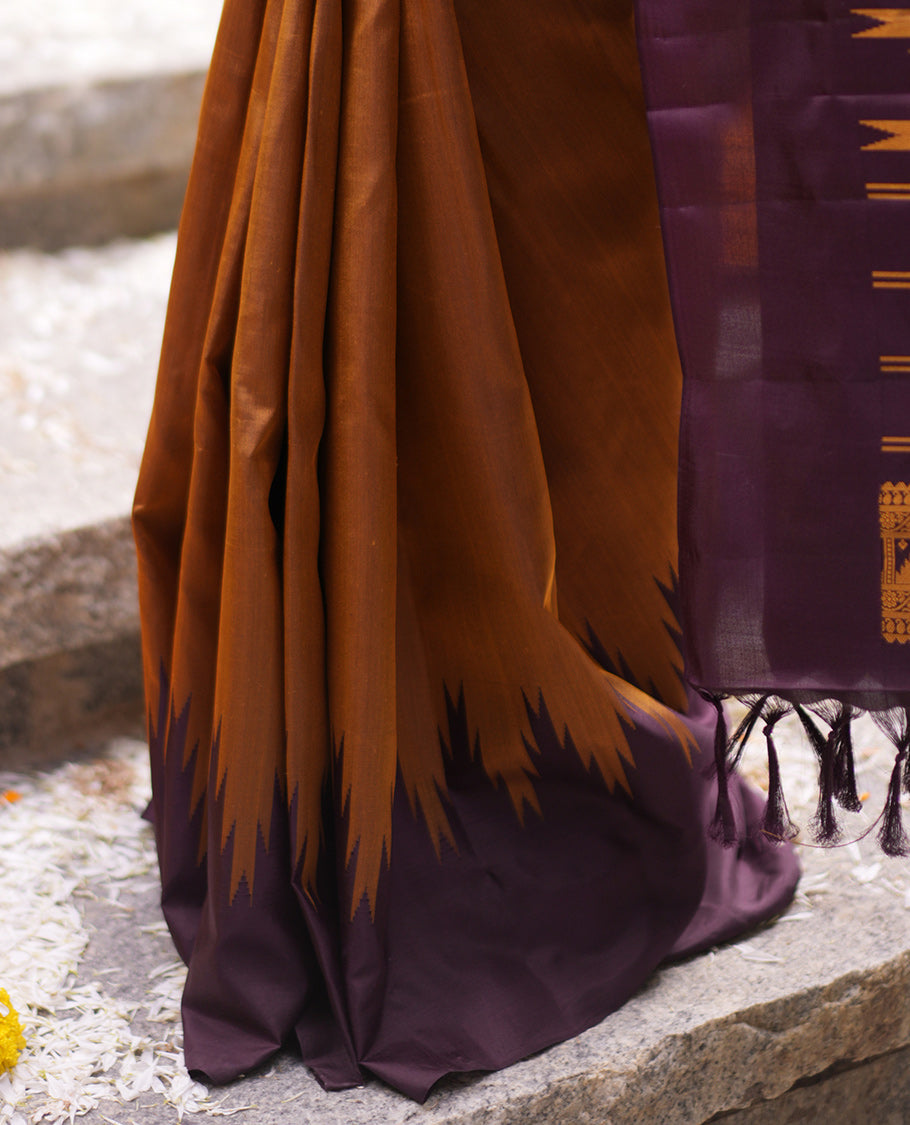 Mustard Golden-Chocolate Brown Plain Vasundhara Silk Saree