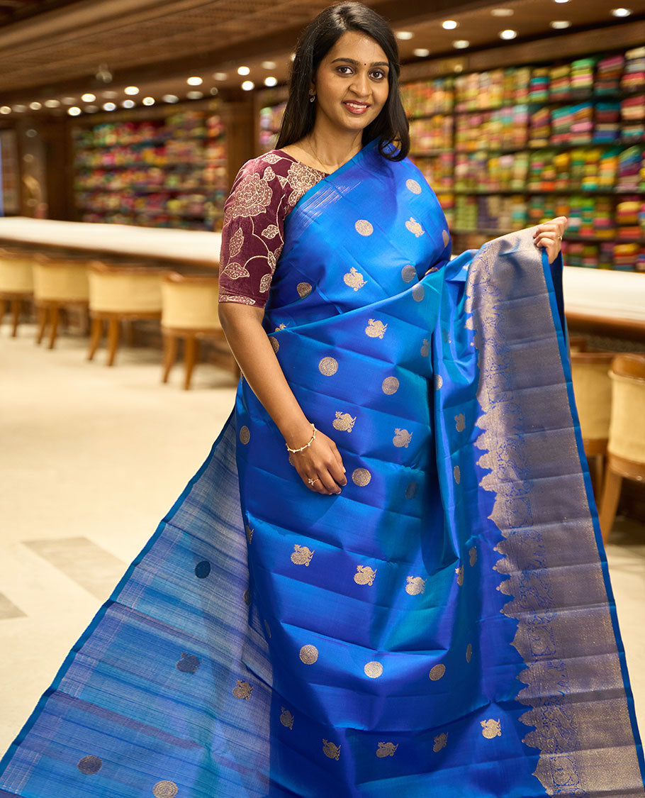 Blue motifs kancheepuran silk saree with self border of yanaai, mayil, Kuthirai, kuyil kann design & zari design pallu