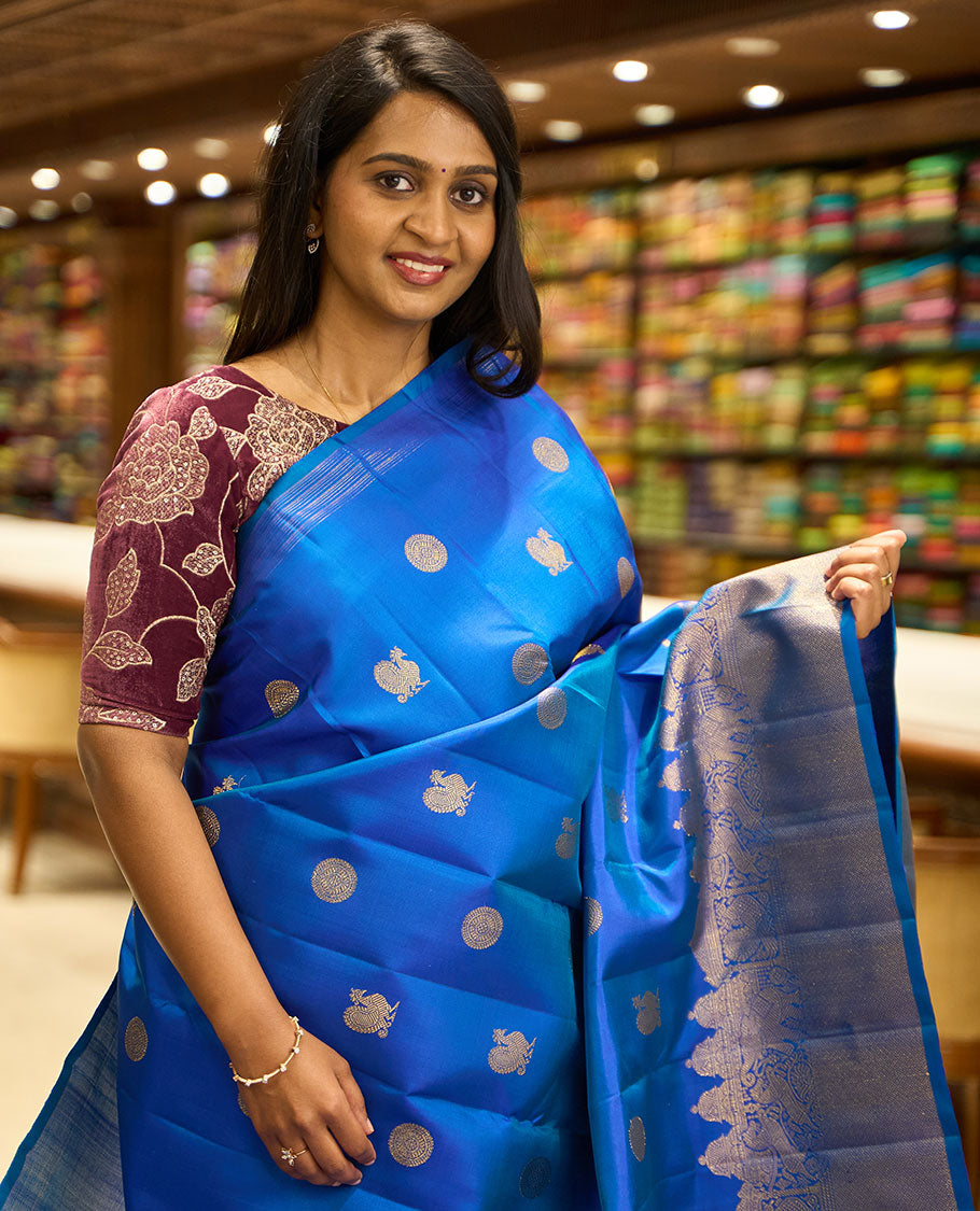 Blue motifs kancheepuran silk saree with self border of yanaai, mayil, Kuthirai, kuyil kann design & zari design pallu