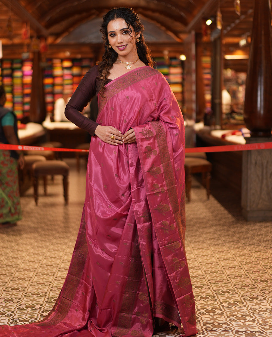 Onion Pink HO-Silk Saree, Elevated with Zari Buttas All Over Its Body, Highlighted by a Self-Border of Floral Designs, Pallu Features Floral Designs, and Paired with a Buttas-woven Blouse
