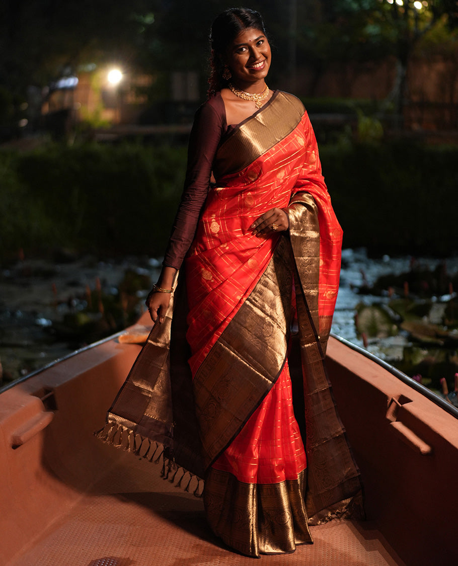 Tomato and Brown Vasundhara Silk Saree