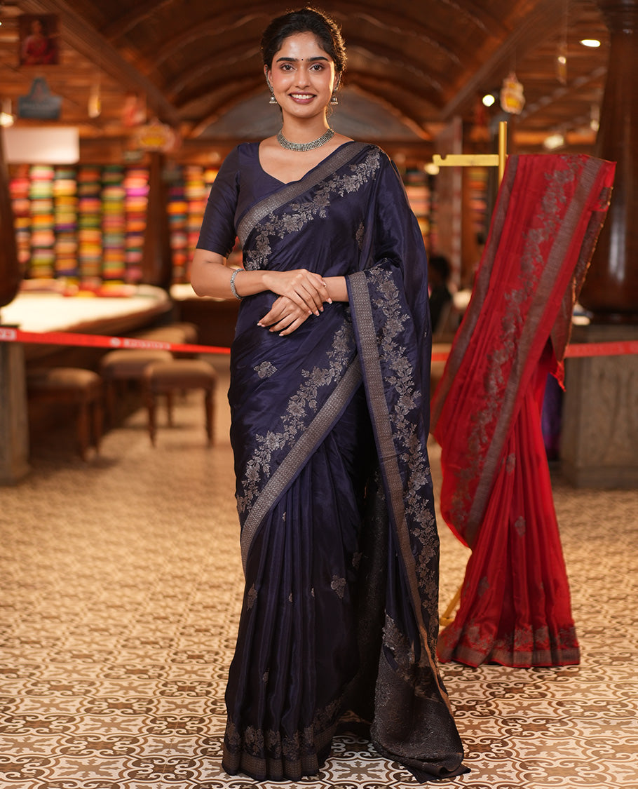 Navy Blue HO-Silk Saree, Adorned with Floral Zari Buttas All Over Its Body, Highlighted by Self-Border of Floral Creeper Designs, Floral Jaal Pallu and Paired with a Plain Blouse