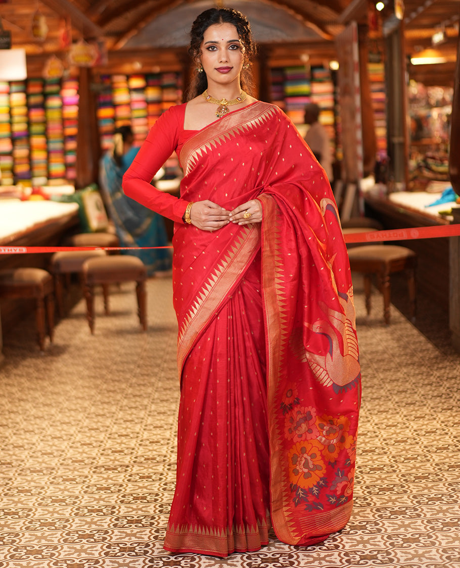 Red HO-Silk Saree, Elevated with Diamond Buttas All Over Its Body, Highlighted by Temple Border, Complemented by Pallu Depicting Floral and Crane Motifs, Paired with a Matching Blouse