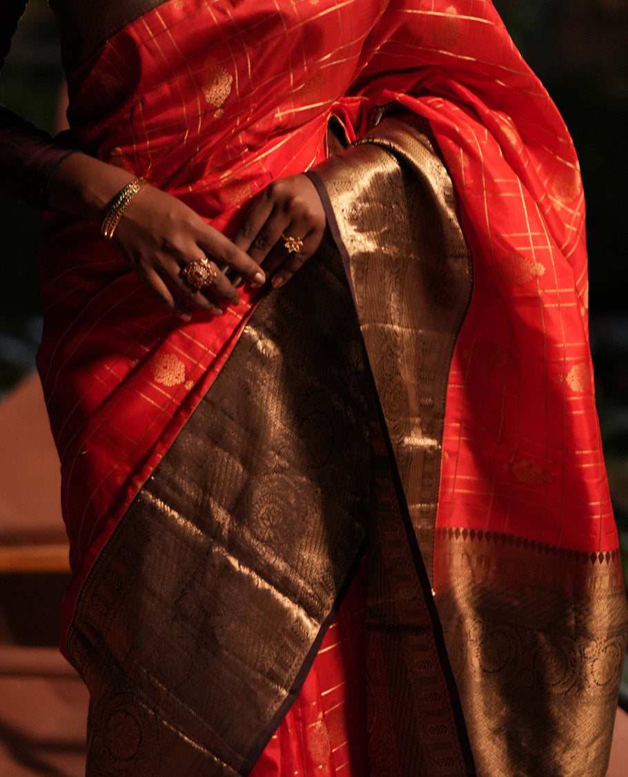 Tomato and Brown Vasundhara Silk Saree