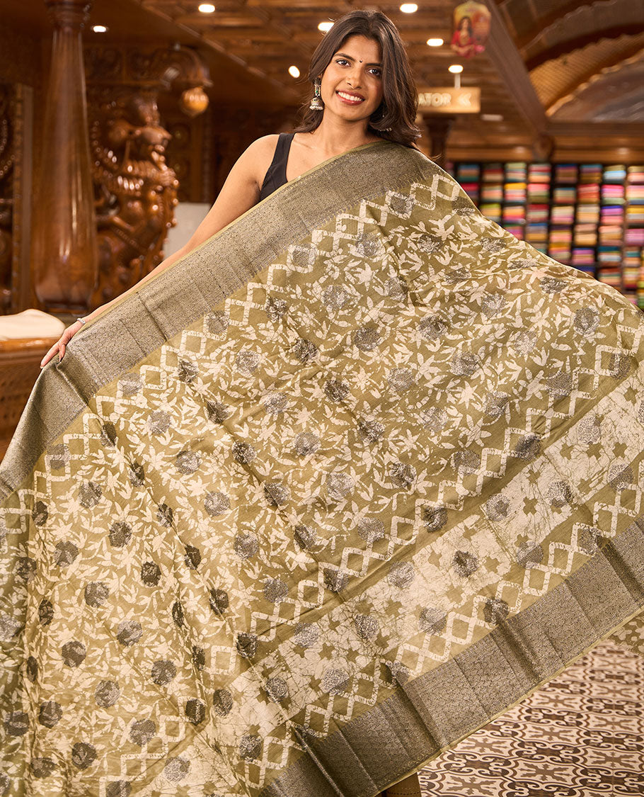 Beige tie and die style floral, geometric design tussar saree with contrast intricate zari design border & floral design pallu