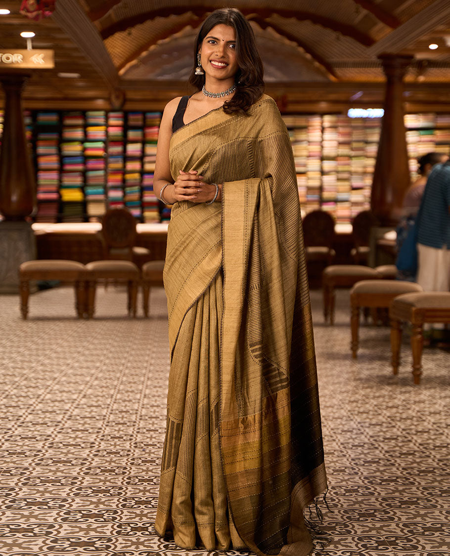 Light brown abstract design tussar silk saree with contrast plain border & striped pallu