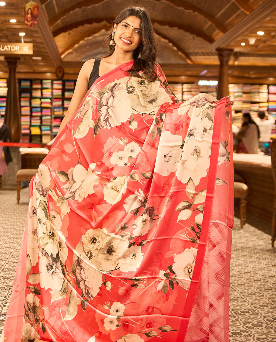 Red floral design crepe saree with self plain border