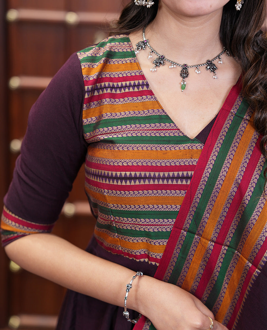 Wine Mercerised Cotton Material Churidar Set, Featuring Plain and Traditional Motifs Woven Top, Comes with a Plain Mercerised Cotton Bottom, and Is Paired with a Mercerised Cotton Traditional Motifs Woven Dupatta