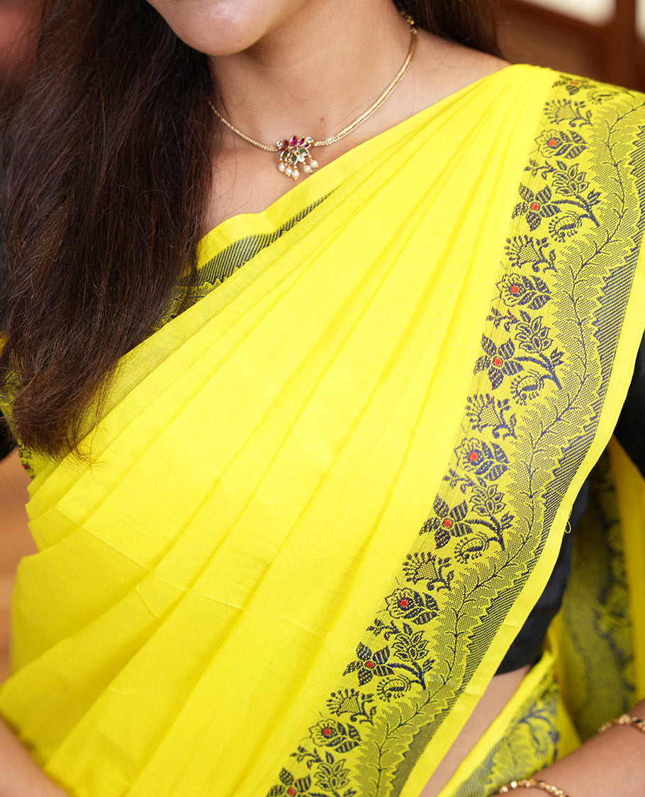 Yellow Plain Chettinad Cotton Saree, Subtle Self-Border of Floral Thread Design Weave, Subtly Striped Pallu, and Paired with a Matching Blouse