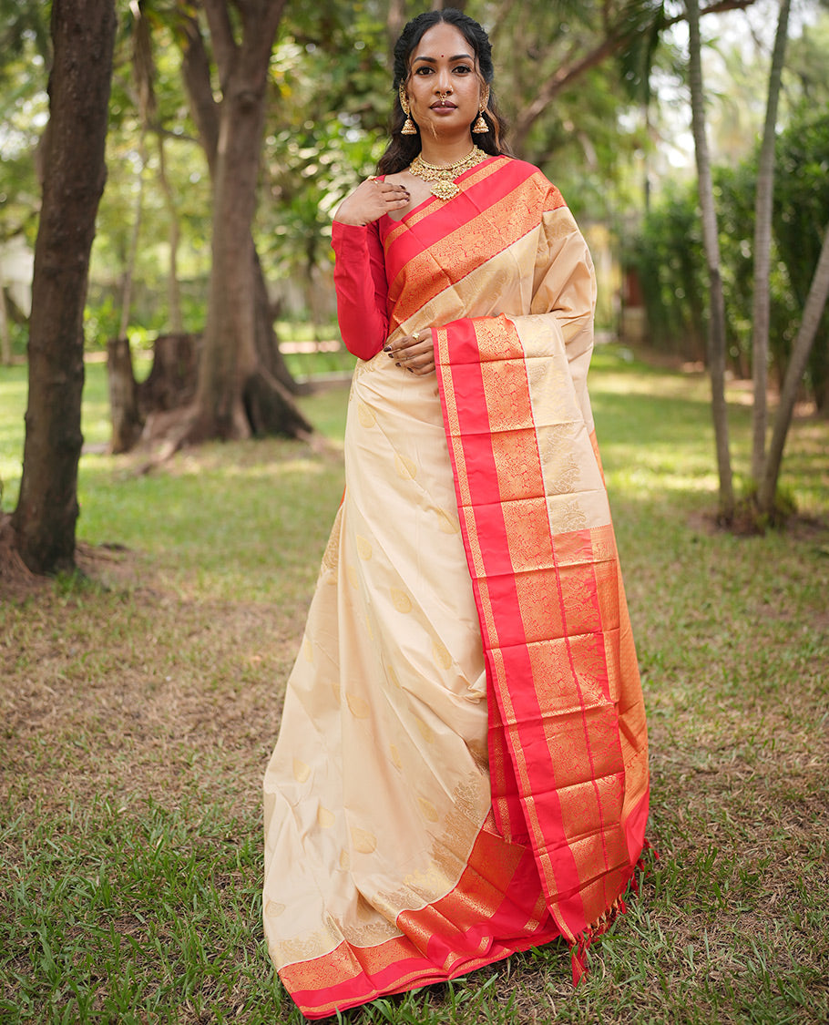 Off-White-Red Budget Silk Saree