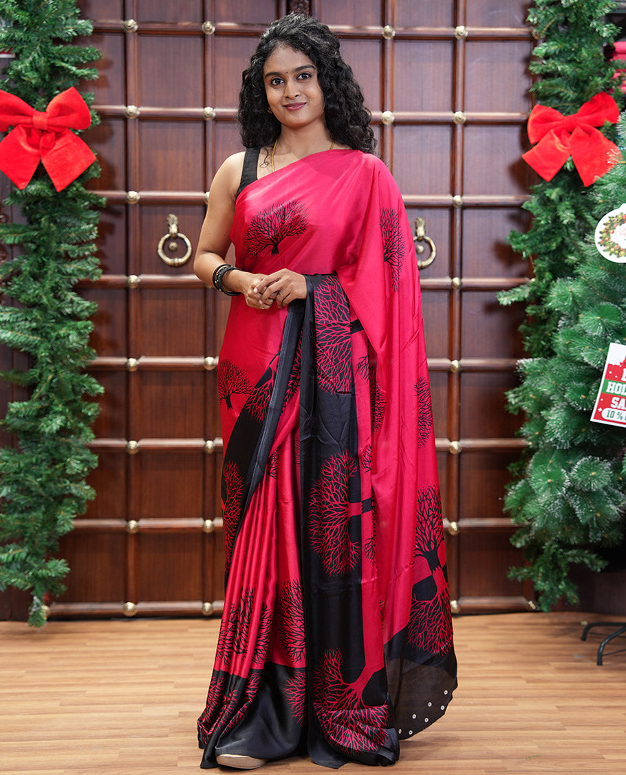 Red tree motifs digitally printed Gajji silk saree with contrast printed border of upside down tree motifs, and contrast printed blouse