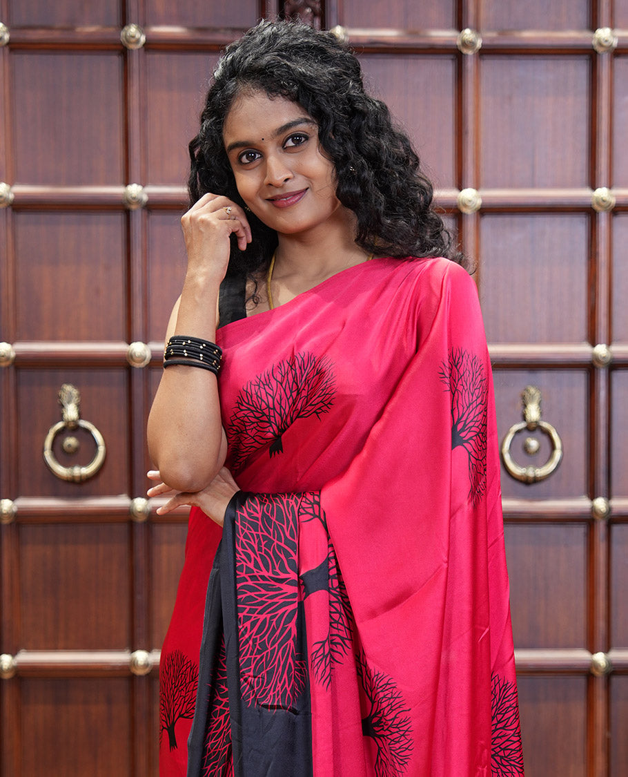 Red tree motifs digitally printed Gajji silk saree with contrast printed border of upside down tree motifs, and contrast printed blouse