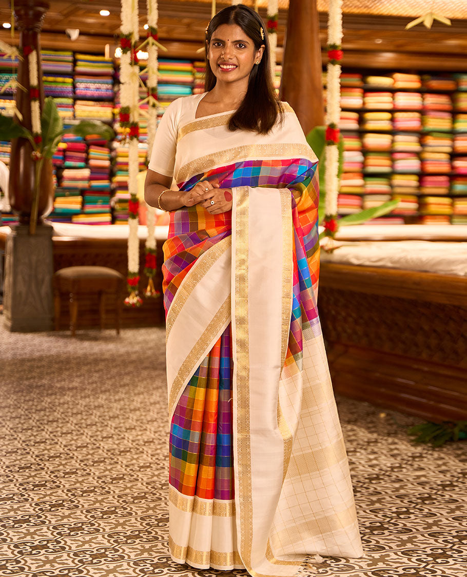 Multi-color palum pazhamum checked silk saree,contrast rettai pettu border of thilakam mokku,mayil,manga & kattu lavangam & zari checks pallu