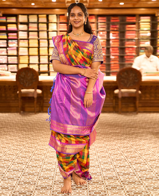 Multi-color paalum pazhamum checked nine-yard silk saree, contrast korvai border & pallu of muthu,mayil kann,neli & annam designs