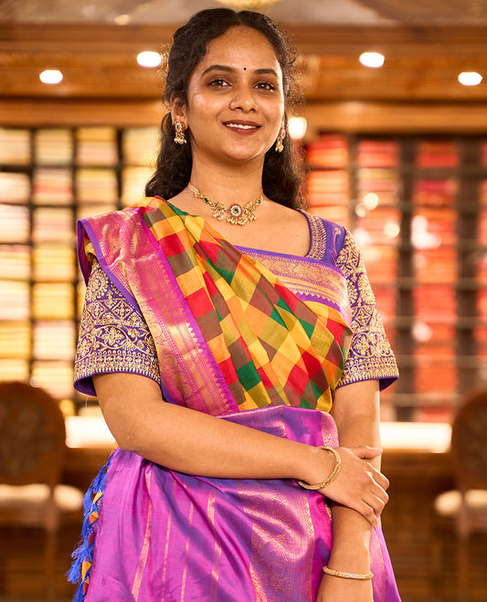 Multi-color paalum pazhamum checked nine-yard silk saree, contrast korvai border & pallu of muthu,mayil kann,neli & annam designs
