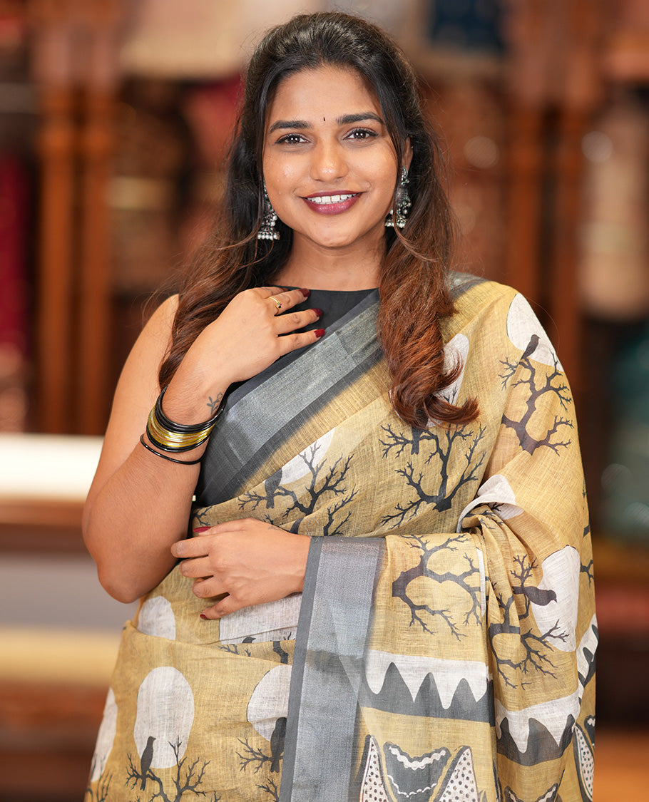Lemon Yellow Linen Cotton Saree