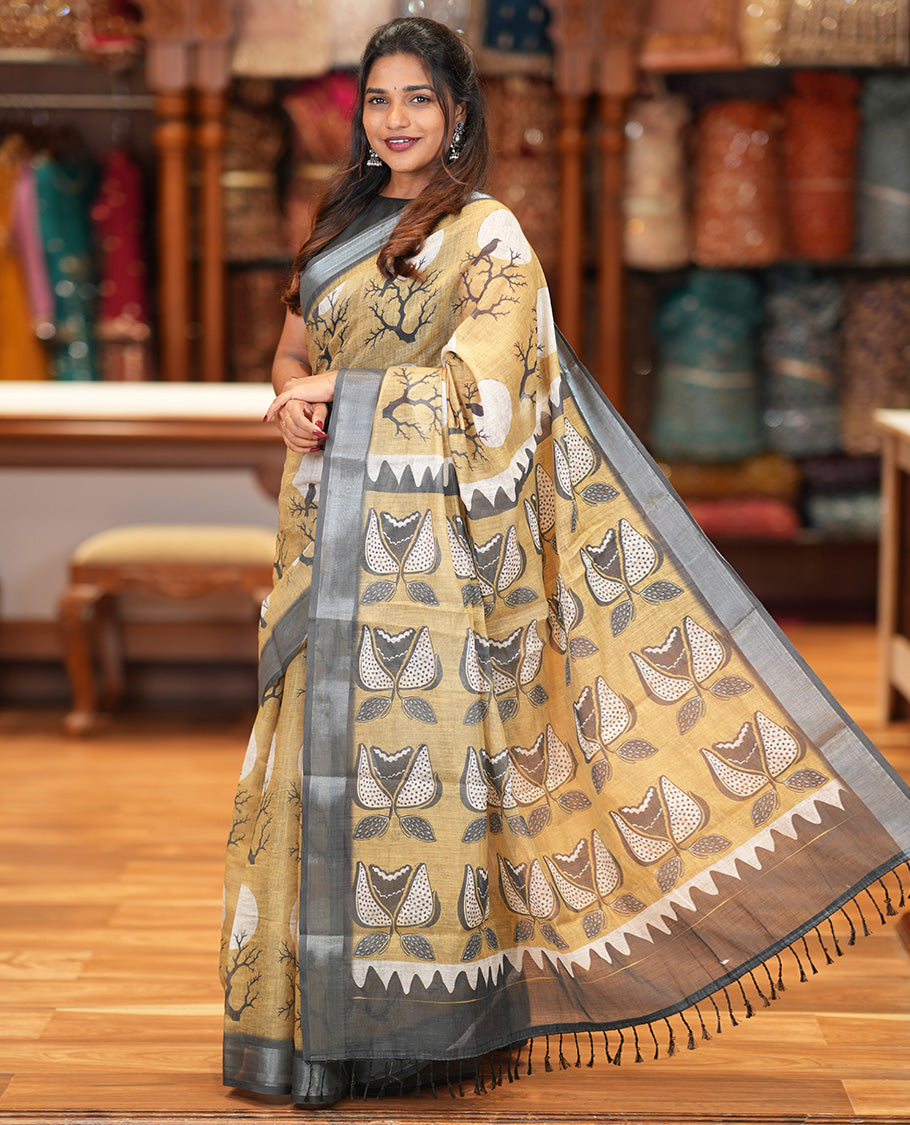 Lemon Yellow Linen Cotton Saree